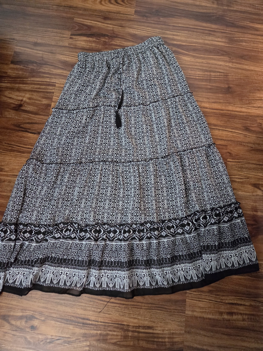 Black and White Tiered Maxi Skirt - Boho Print